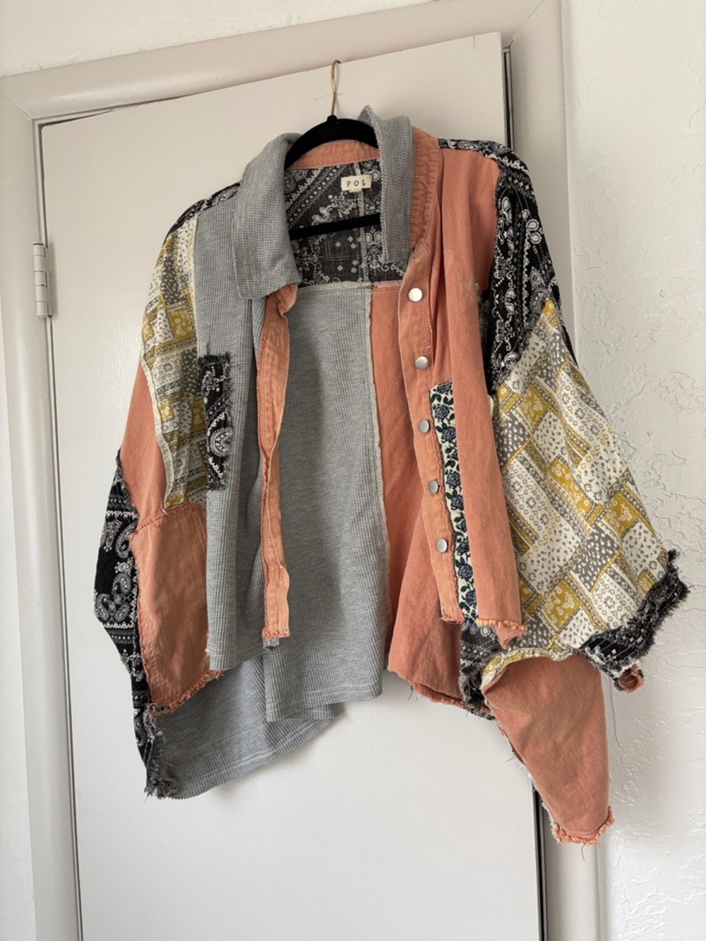 POL Patchwork Bomber Jacket in Coral, Gray, Black & Mustard